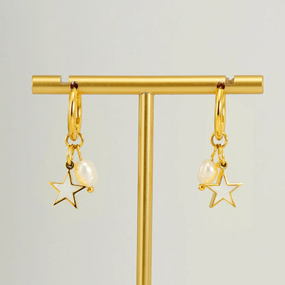 1 Pair Casual Simple Style Triangle Star Heart Shape Pearl Inlay Titanium Steel Shell 18K Gold Plated Drop Earrings