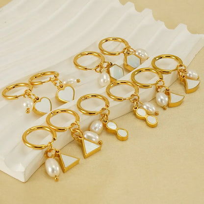 1 Pair Casual Simple Style Triangle Star Heart Shape Pearl Inlay Titanium Steel Shell 18K Gold Plated Drop Earrings