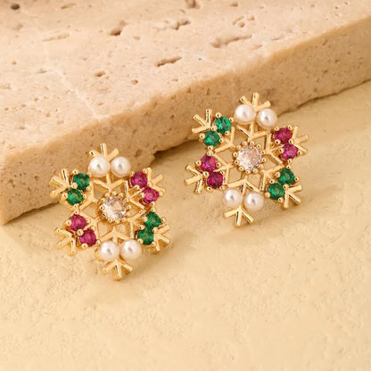 1 Pair Casual Snowflake Plating Inlay Copper Zircon K Gold Plated Ear Studs