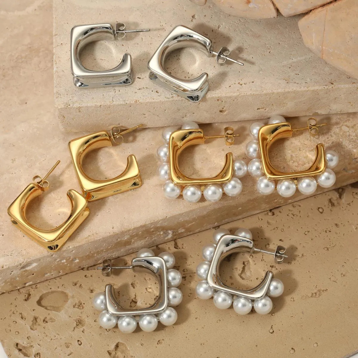 1 Pair Casual Solid Color Plating Inlay 316 Stainless Steel  Rhinestones Pearl 16K Gold Plated White Gold Plated Gold Plated Ear Studs