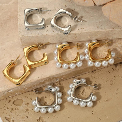 1 Pair Casual Solid Color Plating Inlay 316 Stainless Steel  Rhinestones Pearl 16K Gold Plated White Gold Plated Gold Plated Ear Studs