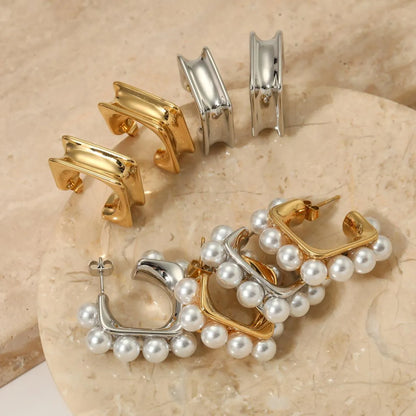 1 Pair Casual Solid Color Plating Inlay 316 Stainless Steel  Rhinestones Pearl 16K Gold Plated White Gold Plated Gold Plated Ear Studs