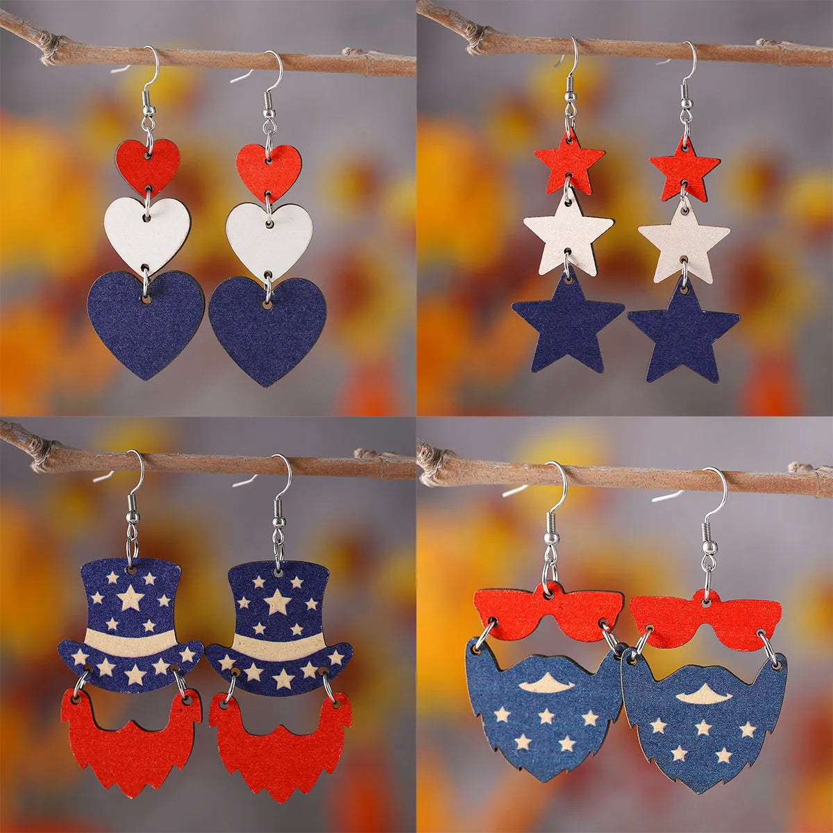 1 Pair Casual Star Heart Shape 304 Stainless Steel Wood Drop Earrings