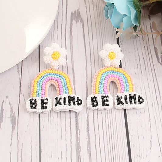 1 Pair Casual Sweet Artistic Letter Rainbow Flower Cloth Seed Bead Drop Earrings