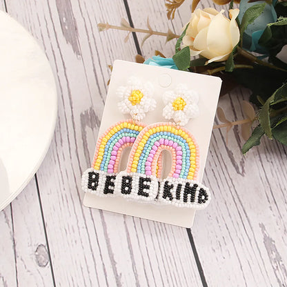 1 Pair Casual Sweet Artistic Letter Rainbow Flower Cloth Seed Bead Drop Earrings