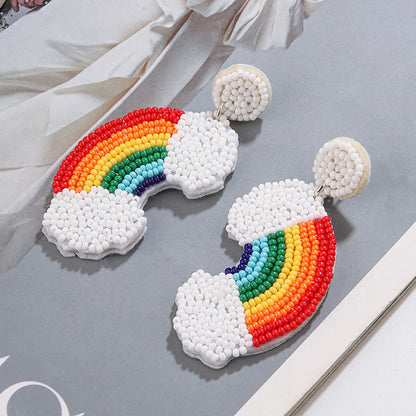 1 Pair Casual Sweet Artistic Rainbow Heart Shape Cloth Seed Bead Drop Earrings