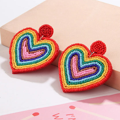 1 Pair Casual Sweet Artistic Rainbow Heart Shape Cloth Seed Bead Drop Earrings