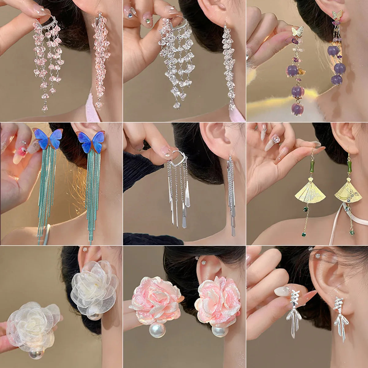 1 Pair Casual Sweet Heart Shape Flower Bow Knot Tassel Enamel Inlay Alloy Rhinestones Drop Earrings Ear Studs