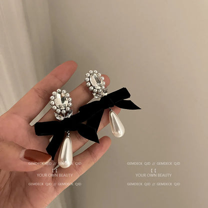 1 Pair Casual Sweet Heart Shape Flower Bow Knot Tassel Enamel Inlay Alloy Rhinestones Drop Earrings Ear Studs