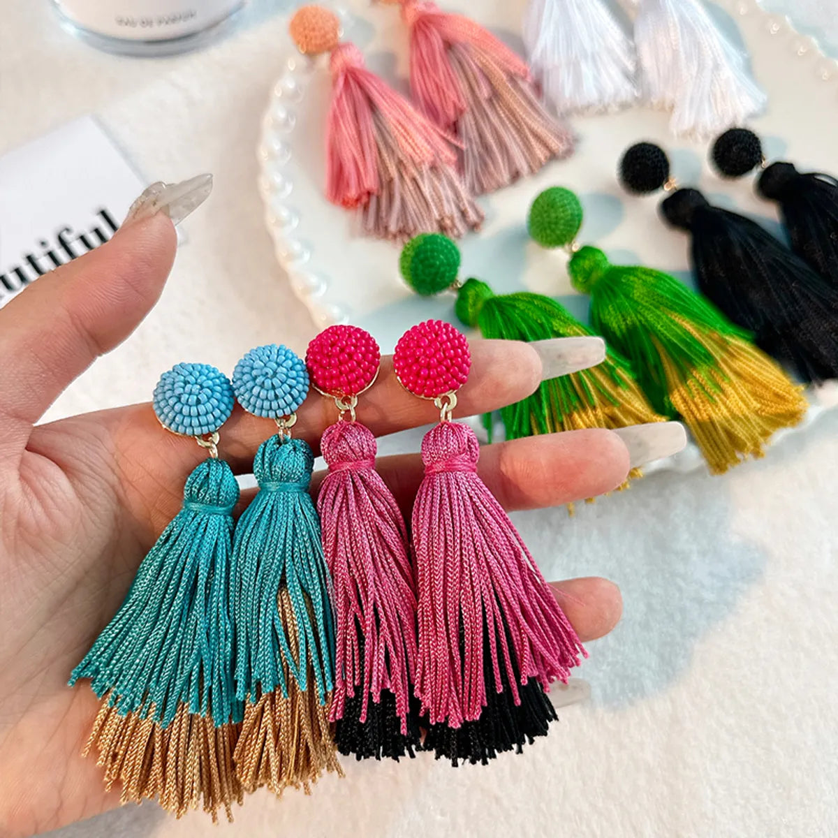 1 Pair Casual Tassel Synthetic Fibre Alloy Glass Drop Earrings