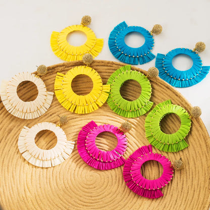 1 Pair Casual Vacation Beach Tassel Patchwork Alloy Raffia Drop Earrings