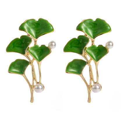 1 Pair Casual Vacation Classic Style Flower Ginkgo Leaf Enamel Inlay Alloy Pearl Gold Plated Ear Studs