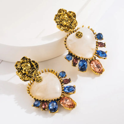 1 Pair Casual Vacation Classic Style Oval Heart Shape Flower Inlay Alloy Resin Resin Glass Gold Plated Drop Earrings