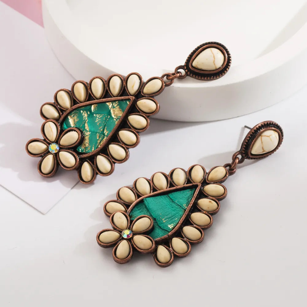 1 Pair Casual Vacation Classic Style Water Droplets Inlay Alloy Turquoise Silver Plated Drop Earrings