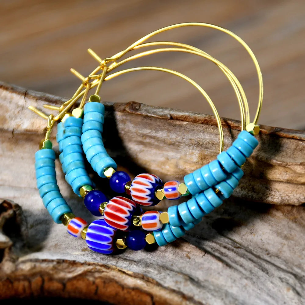 1 Pair Casual Vacation Color Block Beaded Plating Three-Dimensional Artificial Gemstones Alloy Hoop Earrings