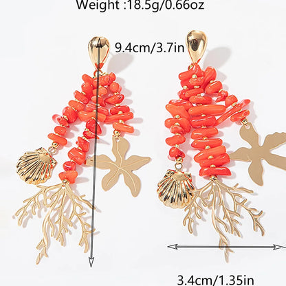 1 Pair Casual Vacation Tropical Starfish Coral Shell Beaded Tassel Plating 304 Stainless Steel Arylic 14K Gold Plated Drop Earrings