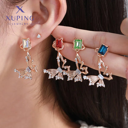 1 Pair Casual XUPING Sweet Butterfly Hollow Out Inlay Copper Artificial Gemstones Artificial Crystal 18K Gold Plated Drop Earrings