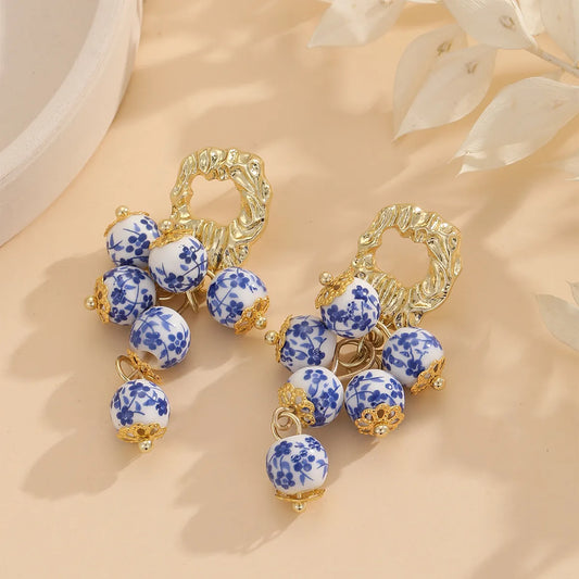 1 Pair Chinoiserie Classic Style Blue And White Porcelain Alloy Drop Earrings