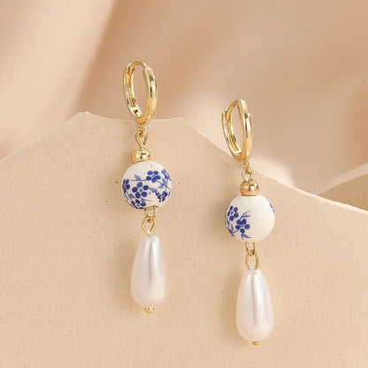 1 Pair Chinoiserie Classical Blue And White Porcelain Copper Drop Earrings