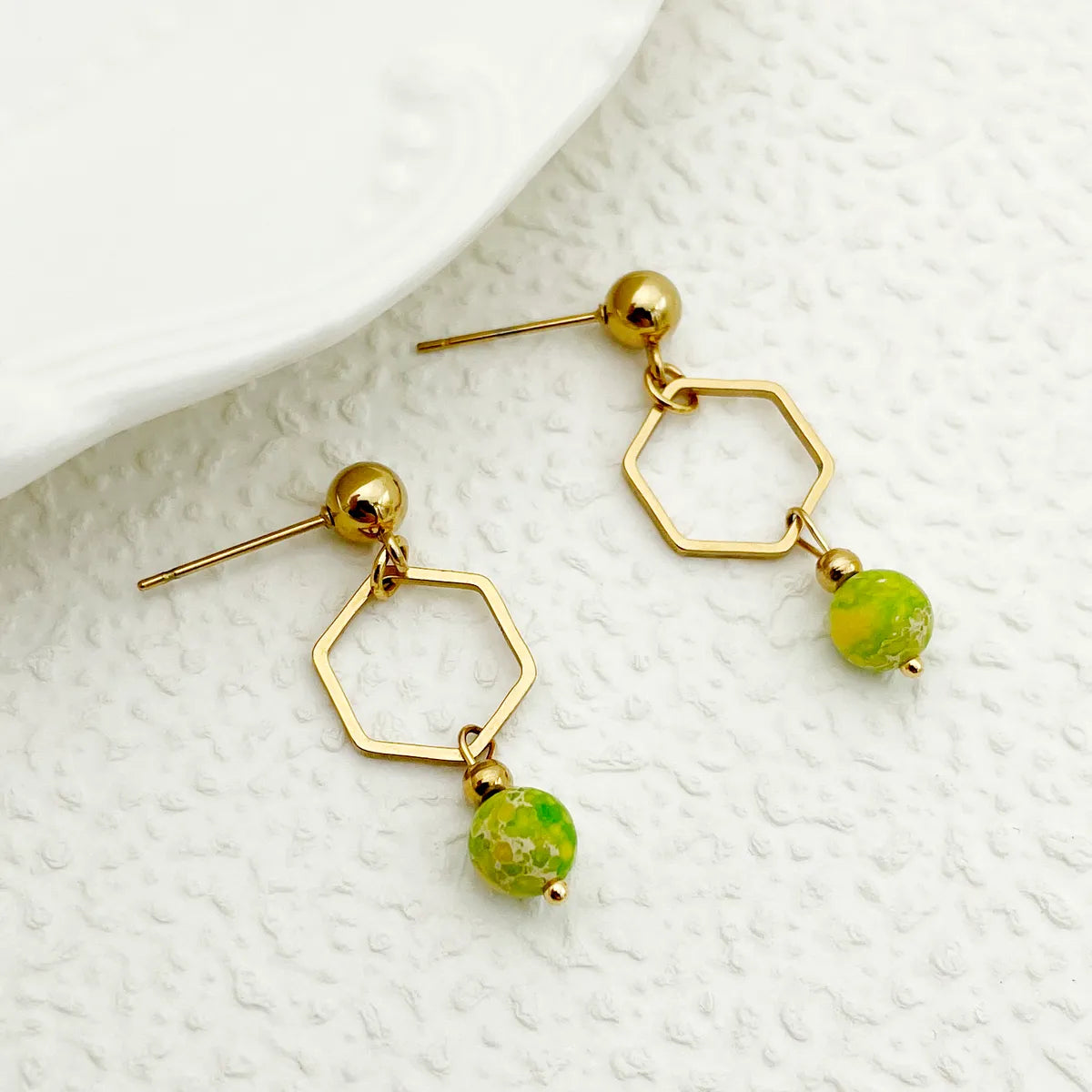 1 Pair Chinoiserie Classical Cute Hexagon Stainless Steel Natural Stone Plating Hollow Out Gold Plated Drop Earrings