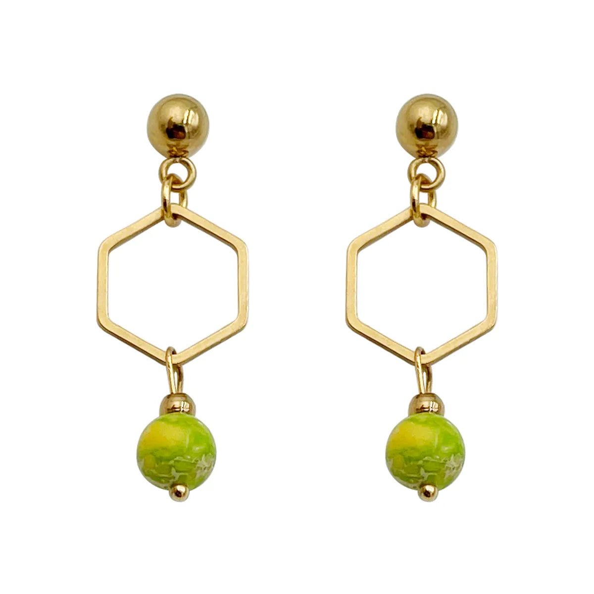 1 Pair Chinoiserie Classical Cute Hexagon Stainless Steel Natural Stone Plating Hollow Out Gold Plated Drop Earrings