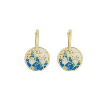 1 Pair Chinoiserie Ethnic Style Round Ink Painting Plating Hollow Out Copper 14K Gold Plated Drop Earrings