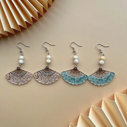 1 Pair Chinoiserie Novelty Classic Style Fan Bamboo Chrysanthemum Beaded Arylic Drop Earrings