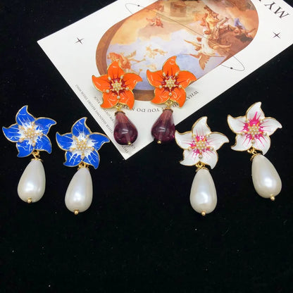 1 Pair Chinoiserie Vacation Flower Alloy Drop Earrings