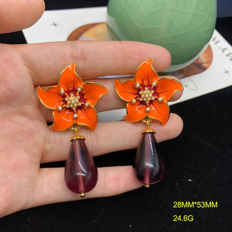 1 Pair Chinoiserie Vacation Flower Alloy Drop Earrings