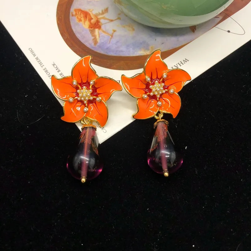 1 Pair Chinoiserie Vacation Flower Alloy Drop Earrings