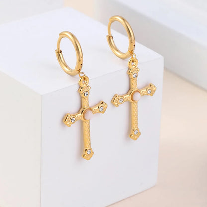 1 Pair Classic Style Cross Inlay Stainless Steel Zircon 18K Gold Plated Drop Earrings