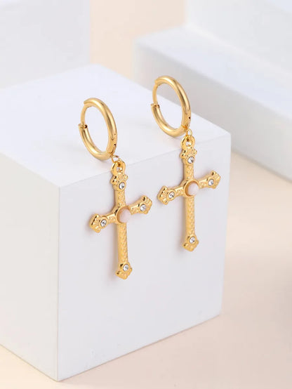 1 Pair Classic Style Cross Inlay Stainless Steel Zircon 18K Gold Plated Drop Earrings