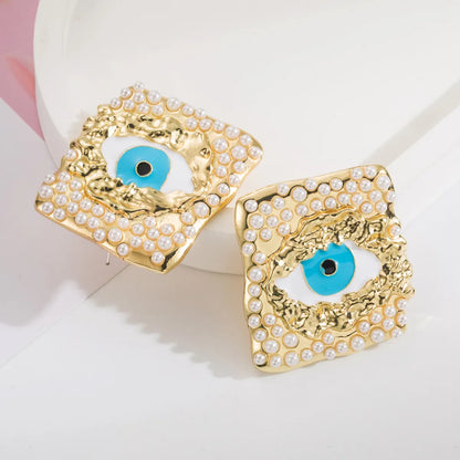 1 Pair Classic Style Devil'S Eye Square Inlay Alloy Pearl Gold Plated Ear Studs