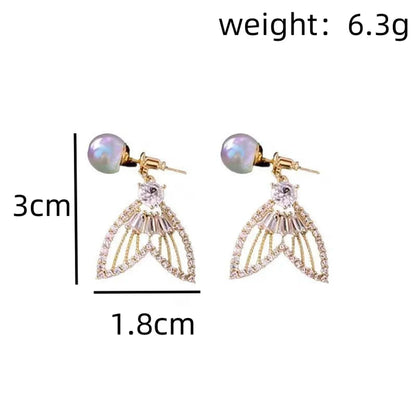 1 Pair Classic Style Korean Style Fish Tail Inlay Alloy Artificial Pearls Rhinestones Gold Plated Drop Earrings