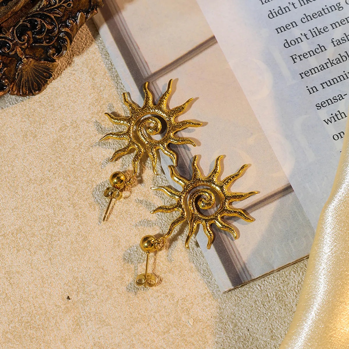 1 Pair Classic Style Korean Style IG Style Sun 304 Stainless Steel 14K Gold Plated Drop Earrings