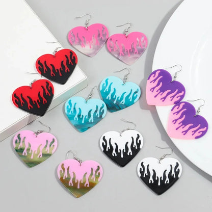 1 Pair Classic Style Printing Flame Heart Shape Printing Arylic Drop Earrings