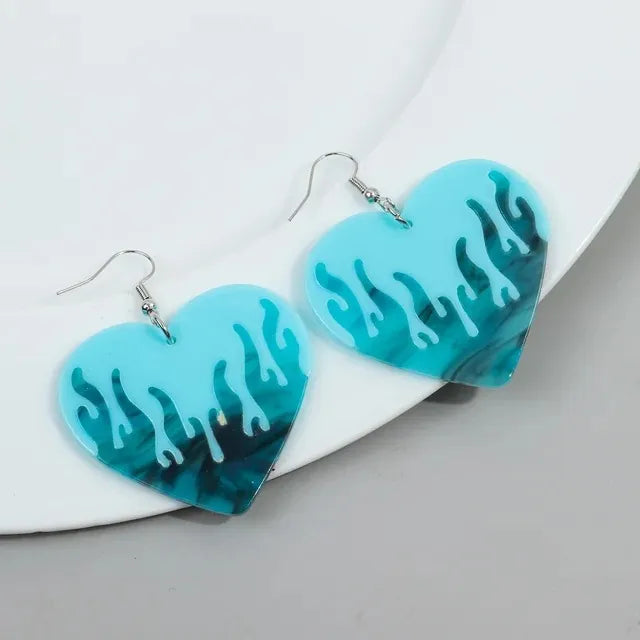 1 Pair Classic Style Printing Flame Heart Shape Printing Arylic Drop Earrings