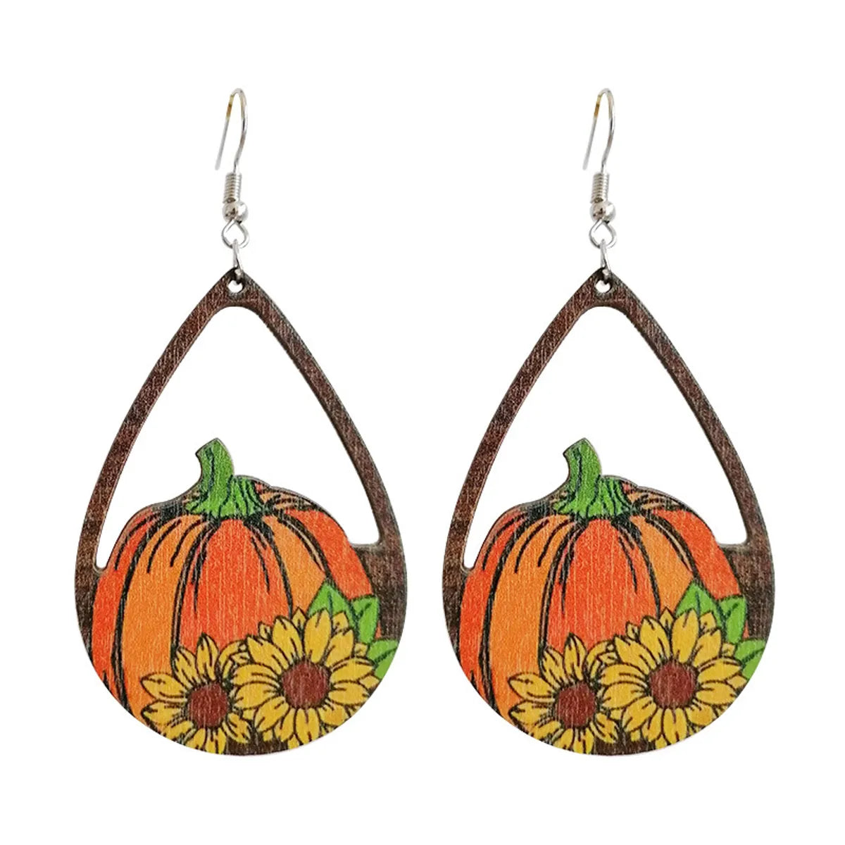 1 Pair Classic Style Pumpkin Printing Wood Drop Earrings