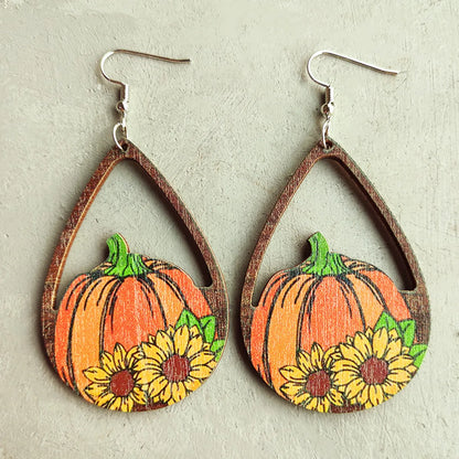 1 Pair Classic Style Pumpkin Printing Wood Drop Earrings