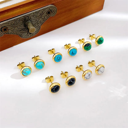 1 Pair Classic Style Round Texture Inlay Stainless Steel Turquoise Ear Studs