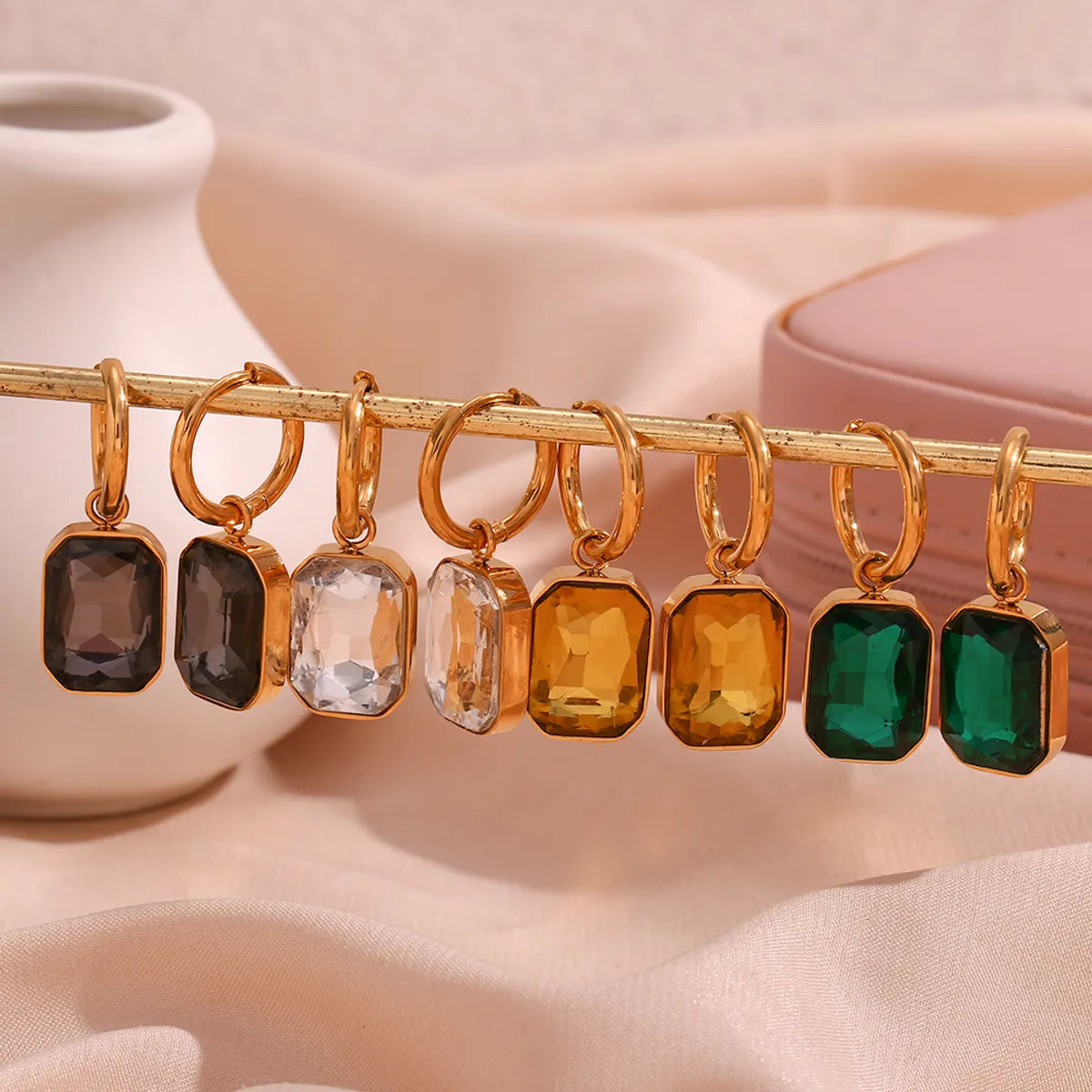 1 Pair Classic Style Square Plating Inlay Stainless Steel Rhinestones 18k Gold Plated Drop Earrings