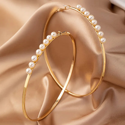 1 Pair Classic Style Streetwear Circle Round Plating Inlay Alloy Ferroalloy Artificial Pearls 14k Gold Plated Hoop Earrings