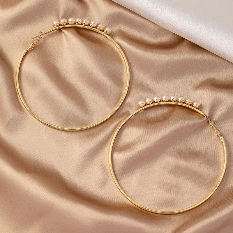 1 Pair Classic Style Streetwear Circle Round Plating Inlay Alloy Ferroalloy Artificial Pearls 14k Gold Plated Hoop Earrings