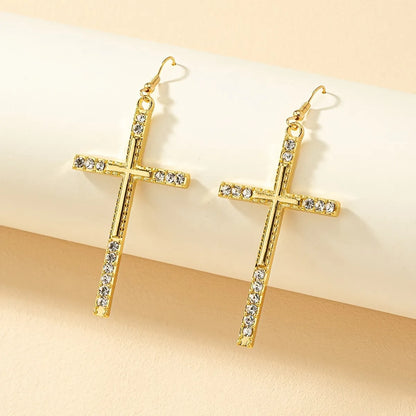 1 Pair Classic Style Streetwear Cross Inlay Alloy Zircon Drop Earrings