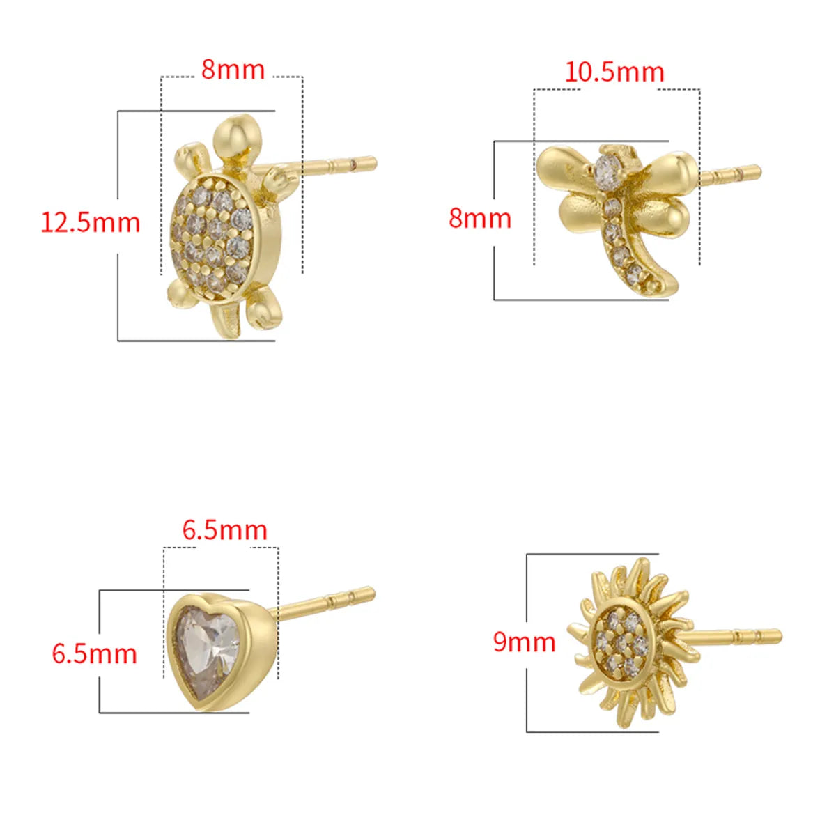 1 Pair Classic Style Tortoise Sunflower Red Heart Plating Inlay Copper Zircon Ear Studs