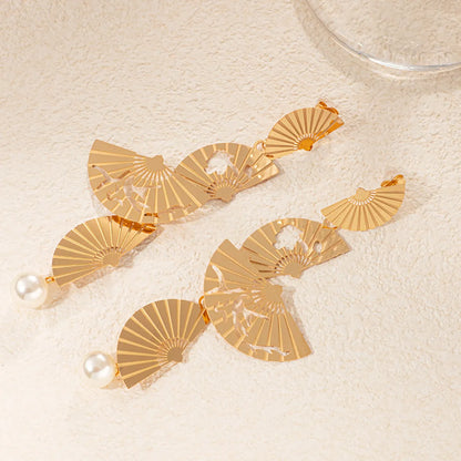 1 Pair Classical Artistic Sector Plating Stainless Steel Gold Plated Drop Earrings