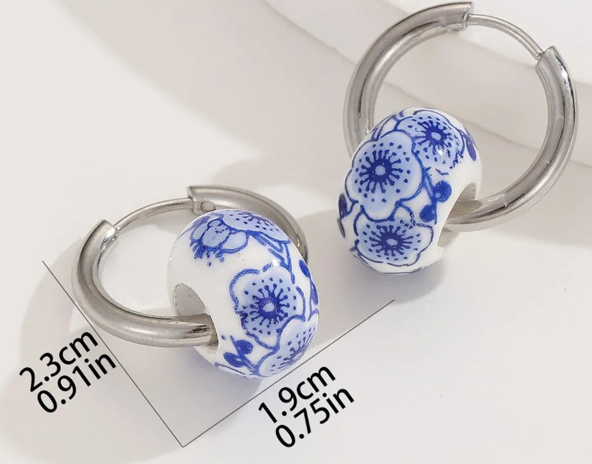 1 Pair Classical Blue And White Porcelain Stainless Steel Ceramics Hoop Earrings