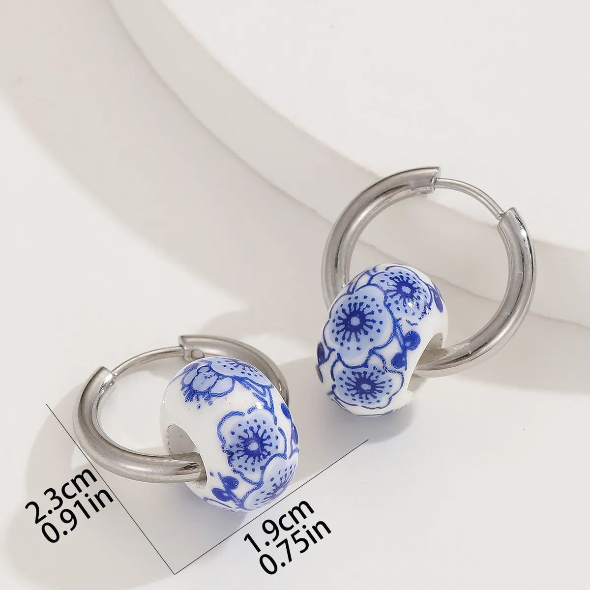 1 Pair Classical Blue And White Porcelain Stainless Steel Ceramics Hoop Earrings