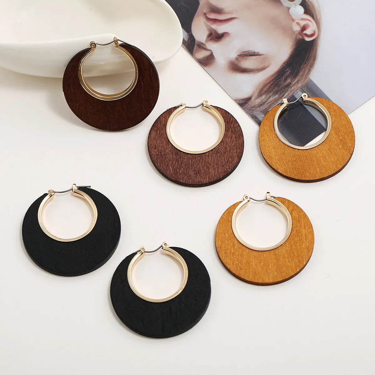 1 Pair Classical Classic Style Geometric Plating Wood Hoop Earrings