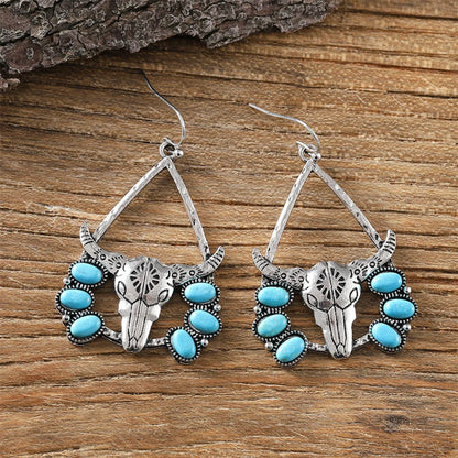 1 Pair Classical Ethnic Style Bull Head Plating Inlay Zinc Alloy Turquoise Drop Earrings